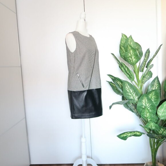 Dina Agam Anthropologie White Black Houndstooth & Lambskin Leather Sheath Dress - Picture 10 of 11
